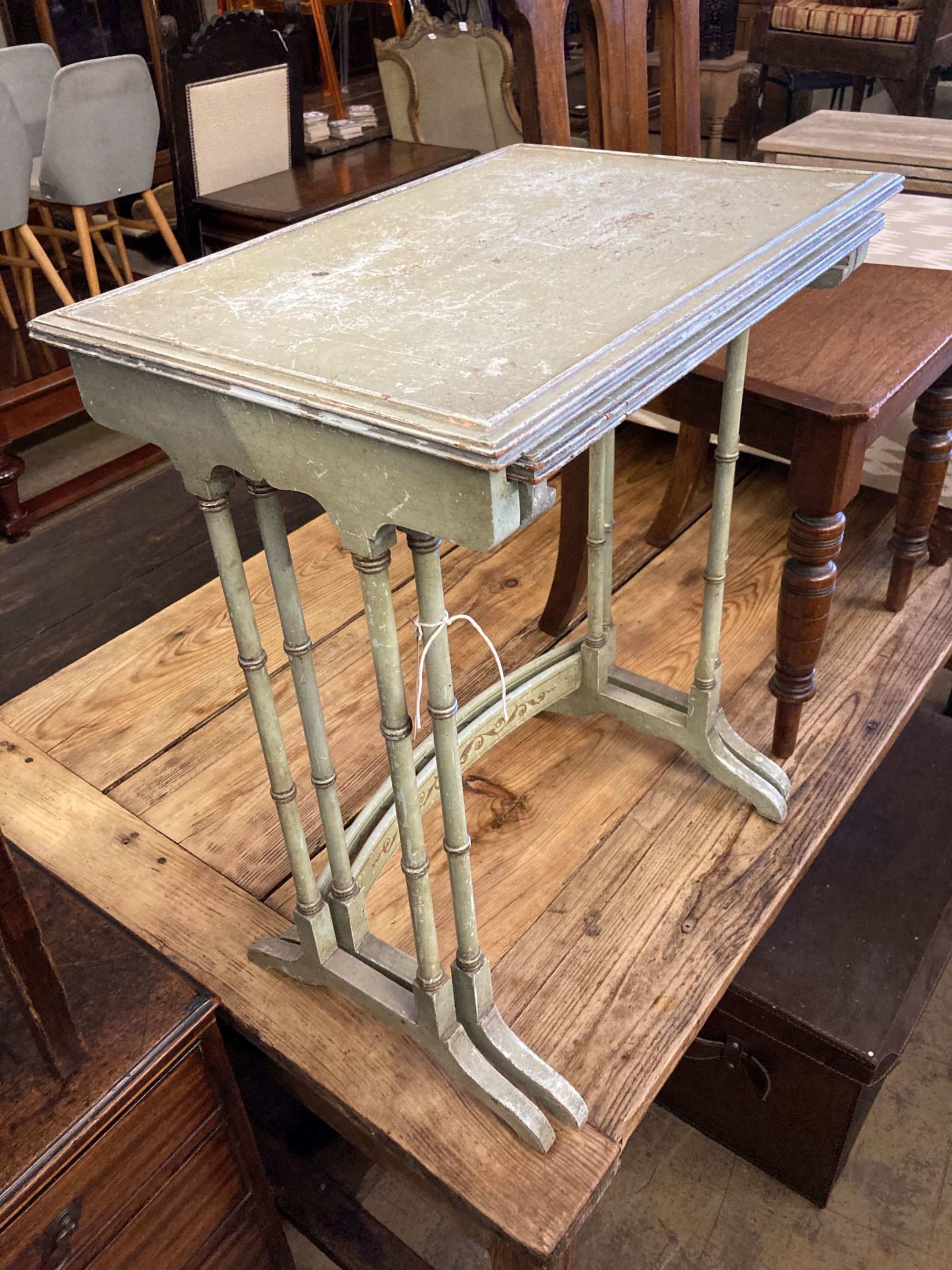 A nest of two painted rectangular tea tables and a Victorian Gothic style walnut hall chair